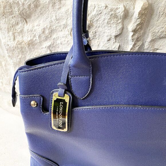London Fog Royal Blue Faux Leather Double Handle Shoulder Bag Lined‎ - Picture 5 of 9